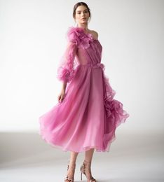 One Shoulder Ruffles Prom Dress Dusty Pink Party Dresses Photography Props Photoshoot Tulle Tea Length Evening Gowns