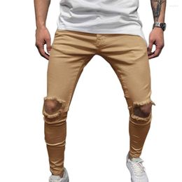 Men's Pants Trendy Men Solid Color Zipper Ripped Hole Slim Streetwear Trousers Mid Waist Young Spring For Daily Wear