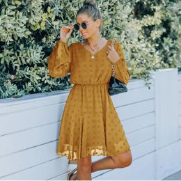 Casual Dresses Women Dress Elegant Short Mini Party Long Sleeve V Neck See Through Net Yarn Sundress Solid Spring Autumn Vestidos