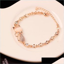 Link Chain Rose Gold Alloy Lovely Cat Bracelets For Women Femme Children Girl Gift Jewellery Charms Crystal Opals Rhinestone Bangle C Dhczf