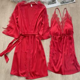 Women's Sleepwear Patchwork Lace Satin Kimono 2PCS Robe Set Women Short Nightwear Home Clothing Casual Homewear Intimate Lingerie