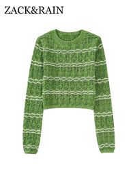 Women's Knits Tees ZACK RAIN Women Green Contrast Stripe Crewneck Pullover Knit 2022 Fall/Winter Ladies Sweater Vintage Casual Slim Female Chic Top T221012