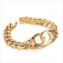 Link Chain Fashion Handcuffs Design 8.66Inch Length Stainless Steel Sier Colour Gold Cuban Curb Mens Boy Bracelet Bangle 50G Drop De Dhby0