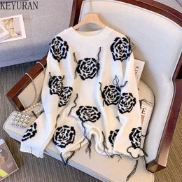 Women's Knits Tees Fringed Floral Print Knit Sweater Women Autumn Winter Elegant Sweet O Neck Long Sleeve Casual Pullover Sweaters T221012