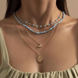 Chains Vintage Blue Crystal Seed Bead Layered Choker Necklaces Women Bicolor Clavicle Jewelry Trend Moon Geometric Charms Punk Necklace