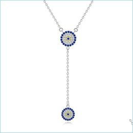 Pendant Necklaces 100% 925 Sterling Sier Necklace Women Luck Round Pendant Evil Eye Necklaces Blue Zircon Long Link Fashion Jewelry Dhmfe