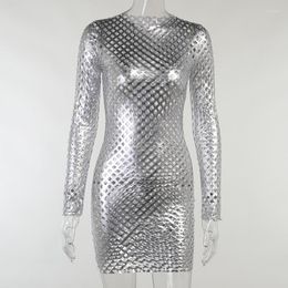 Casual Dresses #5228 Shiny Silver Party Club Mini Dress Women Hollow Out Sexy Perspective Pencil Long Sleeves Tight Short Summer