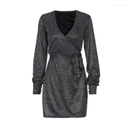 Casual Dresses Spring/Autumn Low-key Fine Flash Dress Fashion Slim Tie V-neck Long Sleeve Party Snake Beauty Mini Bandage