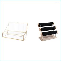 Jewelry Pouches Bags Jewelry Pouches Wooden Bottom Gold 3-Layer Watch Storage Rack Black Simple Rim Glass Box Drop Delivery 2022 P Dhf8O