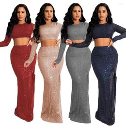 Work Dresses Sparkle Sequins Women Party Skirt Set Elegant Evening Two Pieces Outfits Long Sleeves Crop Tops Bodycon Prom Sets