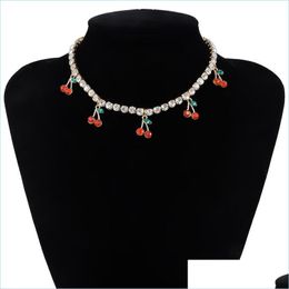 Pendant Necklaces Design Charm Rhinestone Cherry Pendant Necklace For Women Statement Tennis Chain Choker Crystal Collar Girls Hipho Dhe2R