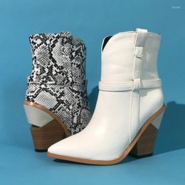 Boots White Black Brown Women Ankle Autumn Winter Western Cowboy For Snake Print High Heeled Wedge 2022