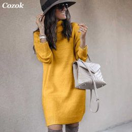 Women's Knits Tees 2021 Autumn Winter Turtleneck Long Sleeve Knit Sweater Long Straight Dress Korean fashion Thick Warm Tunic Pullovers Sweater T221012