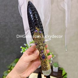 Natural Black Obsidian Arrowhead Sceptre Special Gift Hand Crafted Volcanic Glass Spear Clear Crystal Sphere Magic Wand Ceremonial Druid Wiccan Spell Casting