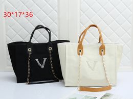 Canvas bag pearl embroidery beach bag one shoulder chain ladies handbag large capacity shopping tote