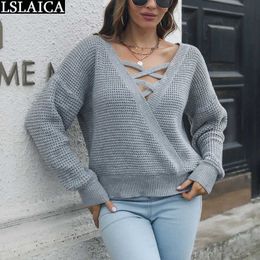 Women's Knits Tees Sweaters For Women Fashion 2022 New V Neck Front Back Wear Elegant Winter Fall Solid Pullover Top Female Loose Knitted Sweater T221012