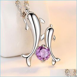 Pendant Necklaces 925 Sterling Sier New Woman Fashion Jewellery Crystal Zircon Dolphin Dancing Pendant Necklace Length 45Cm Drop Deliv Dh4Yn