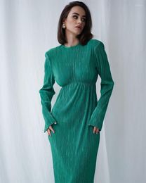 Casual Dresses Elegant Women Green Gowns Dress Backless Hollow Out Slim Fit Round Neck Long Sleeve Solid Pleated Vestidos 2022