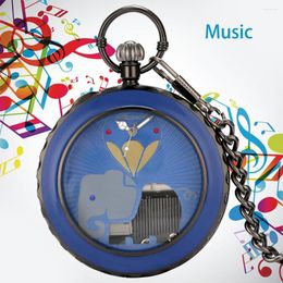 Pocket Watches Elephant Animal Dial Blue Hand Crank Playing Music Quartz Watch Musical Movement FOB Steampunk Chain For Men Women