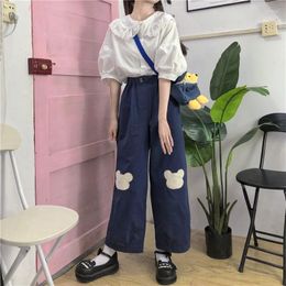 Women's Pants Japanese Kawaii Women Soft Girl Korean Teen Girls Loose Thin Cartoon Bear Embroidery Wild Casual Female Cute