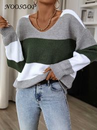 Women's Knits Tees NOOSGOP Autumn Winter 2022 Women Pullover Sweater V Neck Knit Wide Colors Strips Grey Green White Patchwork T221012