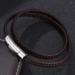 Bangle High Quality Fashion Brown Leather Bracelet Men Stainless Steel Clasp Multilayer Braid Chain Male Wrist Band Vintage