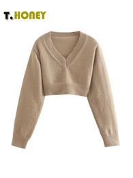 Women's Knits Tees TELLHONEY Women Fashion Solid V-Neck Knit Short Pullover Female Casual Long Sleeves Tight Sweater Smock Chic Crop Tops T221012