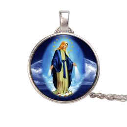 Virgin Mary Mother of Baby Necklace Jesus Christ Christian Pendant Catholic Religious Glass Jewellery Gift for Men Women