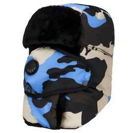 Winter Camouflage Bomber Trooper Hat Warm Ushanka Hunting Hat with Mask Ear Flap Windproof Thicken Velvet Women Men Cycling Hat