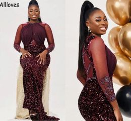Glittering Burgundy Sequined African Girls Evening Dresses Mermaid Sexy Illusion Long Sleeves Special Occasion Prom Gowns Aso Ebi Second Reception Dress CL1259
