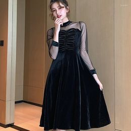 Casual Dresses Women 2022 Year Winter Spring Patchwork Sexy Sheer Mesh French Black Long Elegant Party Velvet Dress 057