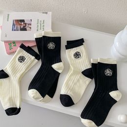 Striped Classic Camellia Socks Women Embroidery Flower Cotton Sock Black White