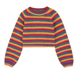 Women's Knits Tees Women Colourful Striped Rainbow Knitted Sweater 2021 Autumn Winter Korean Style Casual Long Sleeve Pullover female Crop Top T221012