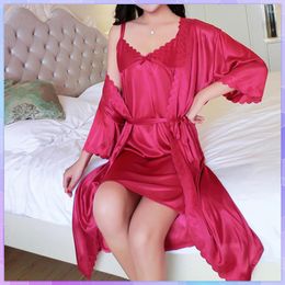 Women's Sleepwear Deep V Lace Robes Women Pajamas Sets Silk Bath Gown Wedding Night Dress Summer Temptation Nightdress Home Clothes