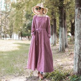 Casual Dresses LZJN 2022 Women Autumn Winter Dress Elegant Long Sleeve A-line Mori Girl Jacquard Cotton Belt Waisted