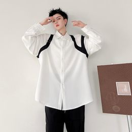 Men's Casual Shirts Black White Splice Design Shirt Men Japan Korean Net Celebrity Loose Long Sleeve Fashion Show Male Stage Clothing