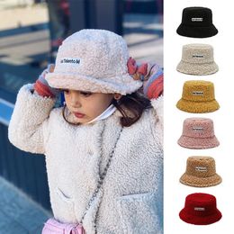 Winter Baby Girl Boy Cloches Bucket Hat Cute Lamb Wool Letter Kids Fisherman Hat Solid Flat Top Hats Children Outdoor Thick Warm Sun Cap on Sale