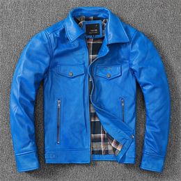남성용 가죽 가짜 패션 브랜드 남성 가죽 재킷 블루 슬림 소 가죽 가미 드로프십 빨류 크기 221012