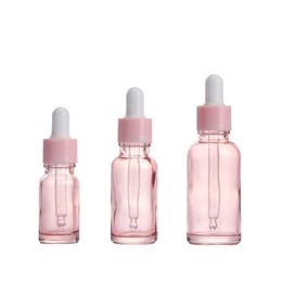 Packing Empty Clear Pink Glass Bottle Essential Oil Dropper Vials Pink Collar White Top Portable Refillable Packaging Container 5ml 10ml 15ml 20ml 30ml 50ml 100ml