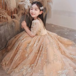Gold Flower Girls Dresses For Wedding Beaded Toddler Pageant Gowns Long Ball Gown First Communion Dress 403