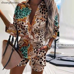 Women's Two Piece Pants Casual Two Piece Sets Womens Outfits 2022 Spring Leopard Print Button Shirt Top And Shorts 2 Piece Set Summer Beach Shorts Women T221012