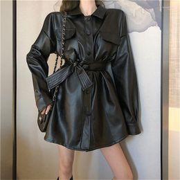 Casual Dresses Black Pu Leather Women's Dress Long Sleeve Lapel Single-breasted Bowknot Laceup High Waist Mini Motorcycle Female