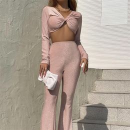 Women's Two Piece Pants Elegant Glitter Solid Twist Tracksuit Women Sexy V Neck Long Sleeve Crop Top Slim Club Party Set Outfits Suits