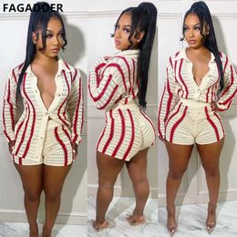 Women's Two Piece Pants FAGADOER 2 Piece Sets Women Stripe Knitted Long Sleeve Botton Crop Tops Short Pants Spring Sexy 2Pcs Short Pants Sets Female T221012