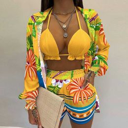 Women's Two Piece Pants Three Piece Set Tracksuit Women Shorts Suits 2022 Summer Large Size Swimsuit Long Sleeve Shirt Tops Loose Drawstring Short Pants T221012