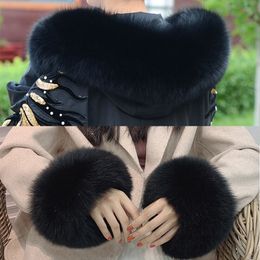 Women Real Fox Fur Cuffs Collar Sets For Hooded Down Coat Parka's Cap Black