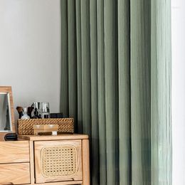 Curtain Japanese-style Pleated Texture Striped Living Room Bedroom Matcha Green Insulation Blackout Solid Colour Fabric