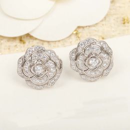 S925 silver charm stud earring clip with all diamonds flower design have box stamp PS7333A