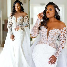 Weiß Plus Size Meerjungfrau Hochzeitskleid mit tiefem V-Ausschnitt, arabische Trompete, volle Ärmel, Spitze, Brautkleider, Applikationen, Pailletten, Robe de Soiree