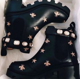 Elegant Crystal Belt Ankle Strap Women Boots Bottes Black Leather Ankle Boot Chunky Combat Booties Lug Soles Lady Party Dress Walking EU35-42